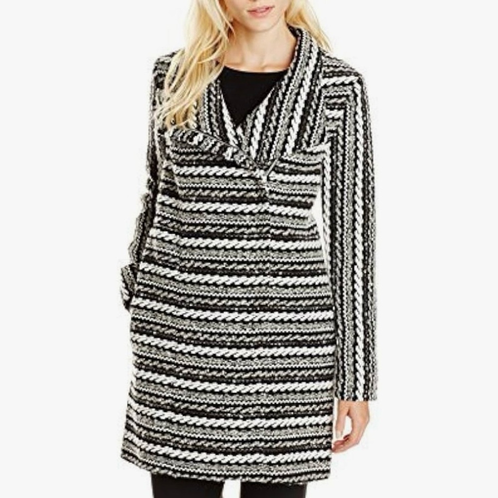 Shoshanna Effie Graphic Cable Jacquard Coat Black & White Wool Blend | Women’s 4